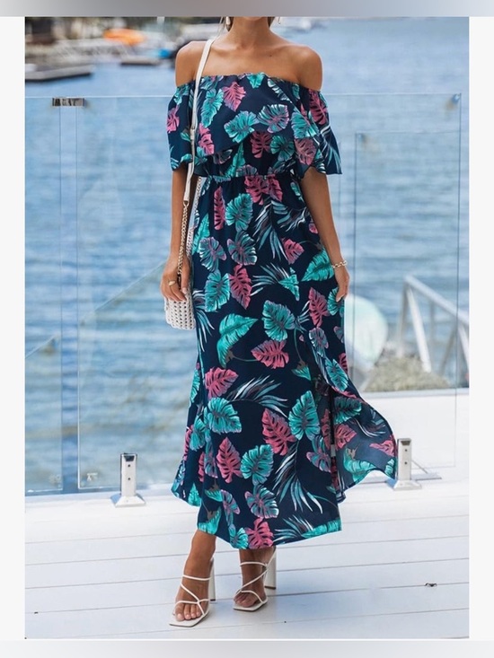 Cupshe Dresses & Skirts - Cupshe Navy Off-Shoulder Tropical Leaf Maxi Dress with Teal & Pink Print